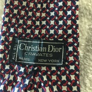 Christian Dior Silk Tie with Red and Navy and white Pattern